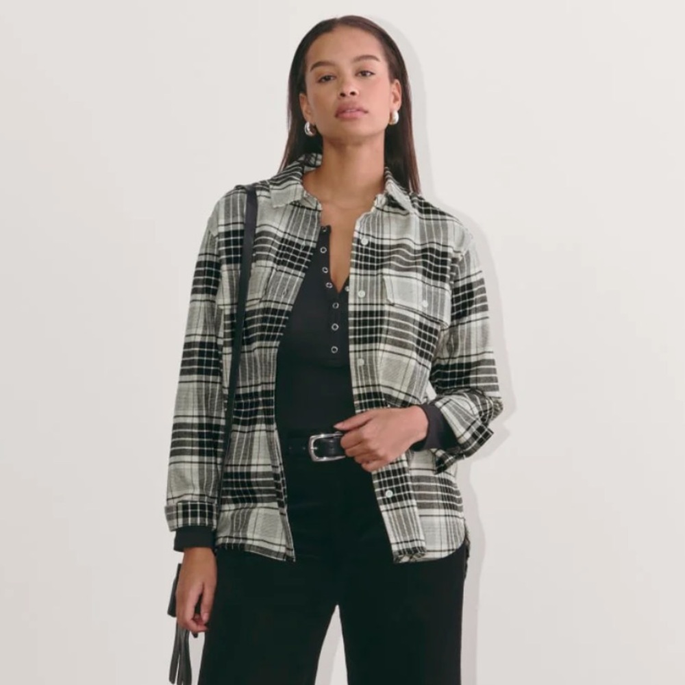 Everlane Boyfriend Flannel Shirt Black White Plaid 100% Organic Cotton Size M